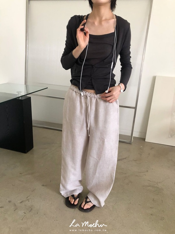 直條紋麻料直筒褲(闆娘.花花清單)